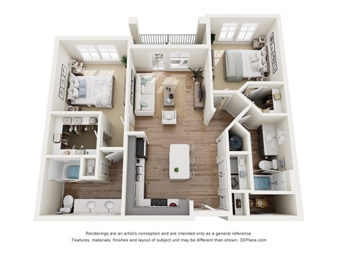 A 3D floor plan of a house with a kitchen, living room, and two bedrooms.